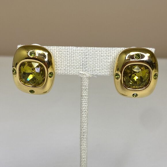 Joan Rivers Yellow Faceted Crystal Clip On Earrings Green Rhinestones Gold Tone - Picture 1 of 8